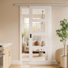 Premium Single Sliding Door & Wall Track - Coventry White Primed Shaker Door - Clear Glass