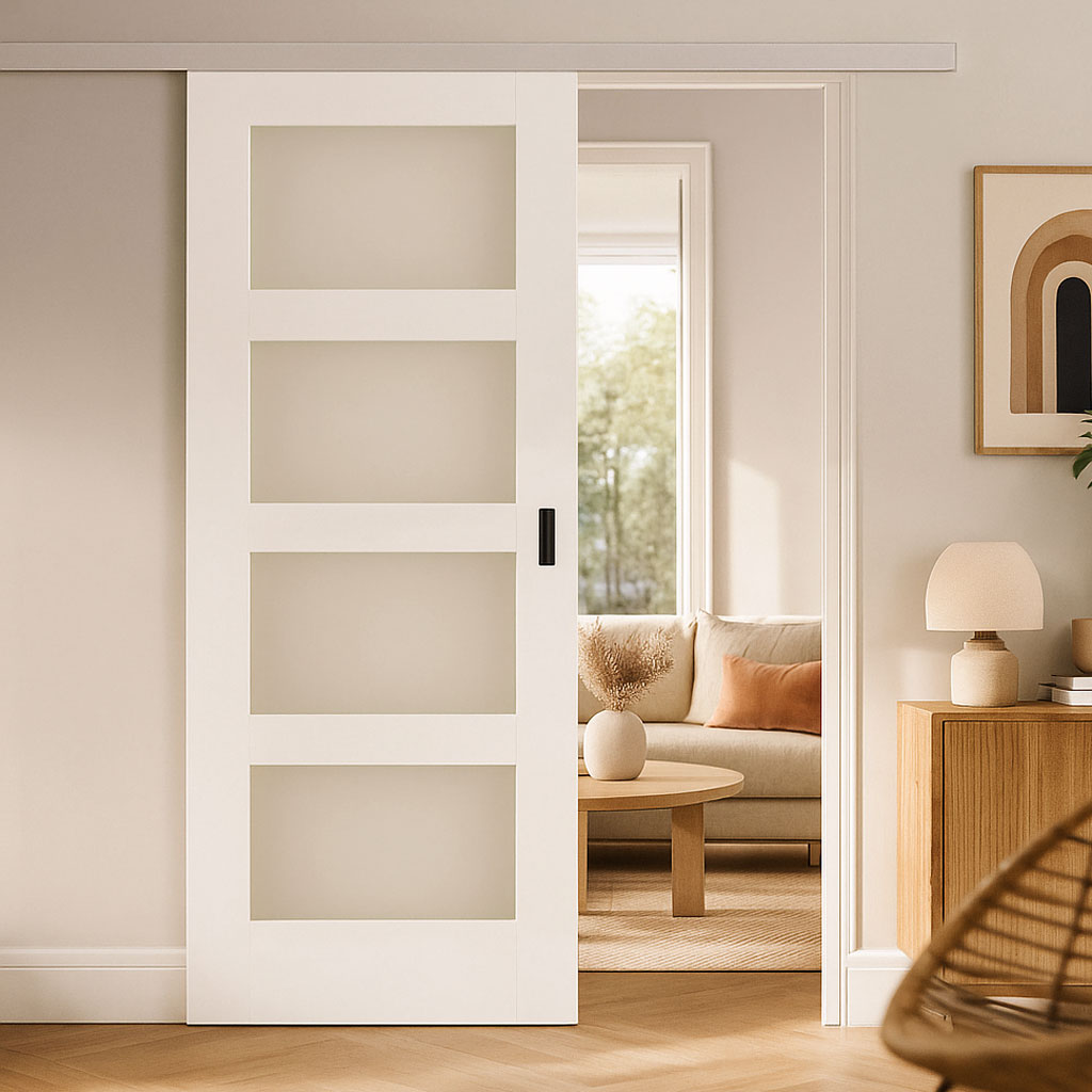 Premium Single Sliding Door & Wall Track - Coventry White Primed Shaker Door - Frosted Glass