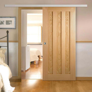 Image: Premium Single Sliding Door & Wall Track - Idaho 3 Panel Oak Door - Unfinished