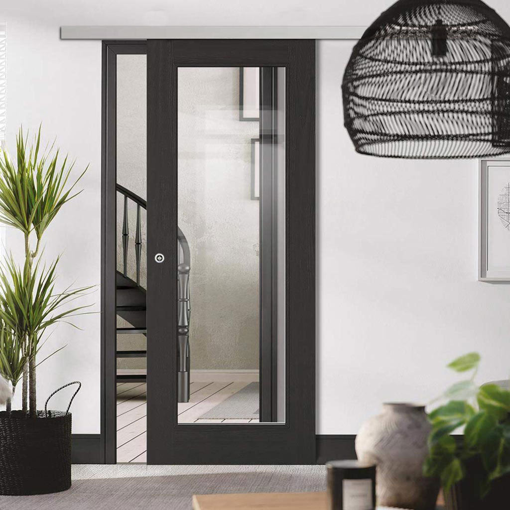Premium Single Sliding Door & Wall Track - Diez Charcoal Black 1L Door - Raised Mouldings - Clear Glass - Prefinished