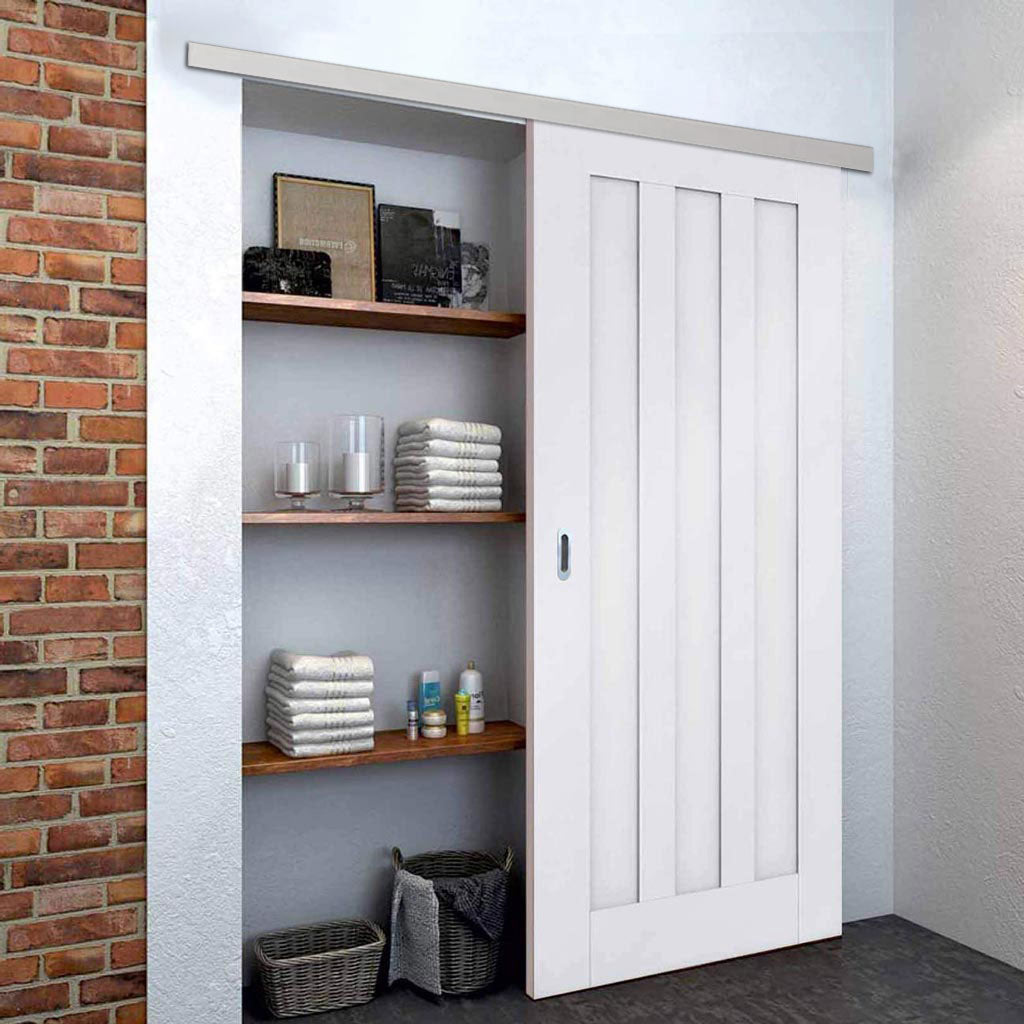 Premium Single Sliding Door & Wall Track - Idaho 3 Panel Door - White Primed