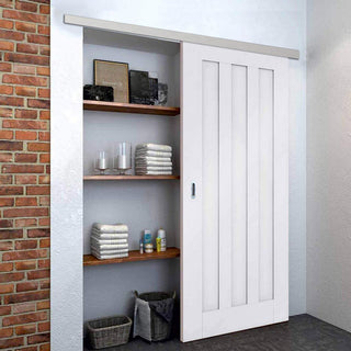 Image: Premium Single Sliding Door & Wall Track - Idaho 3 Panel Door - White Primed