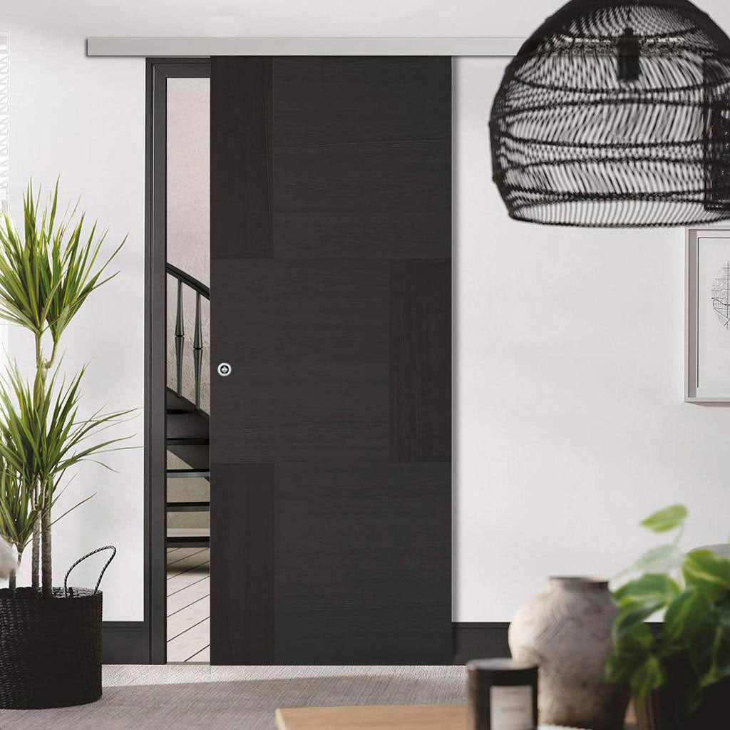 Premium Single Sliding Door & Wall Track - Seis Charcoal Black Flush Door - Prefinished