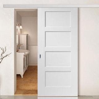 Image: Premium Single Sliding Door & Wall Track - Shaker 4P Door - White Primed