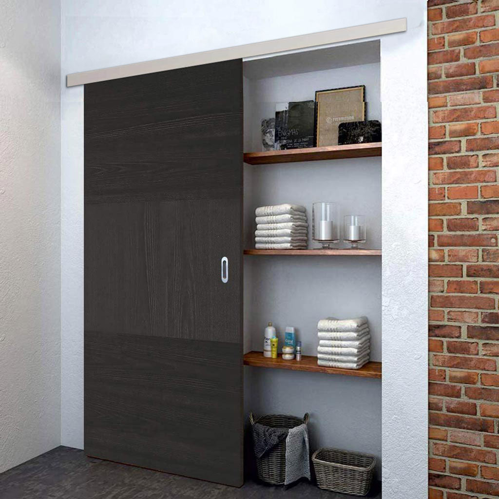 Premium Single Sliding Door & Wall Track - Tres Charcoal Black Flush Door - Prefinished