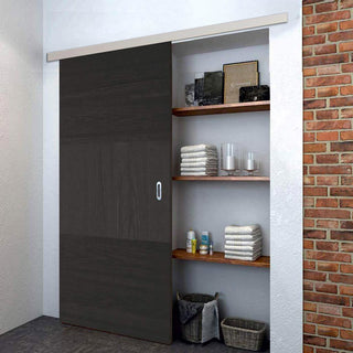 Image: Premium Single Sliding Door & Wall Track - Tres Charcoal Black Flush Door - Prefinished