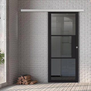 Image: Premium Single Sliding Door & Wall Track - Tribeca 3 Pane Black Primed Door - Tinted Glass