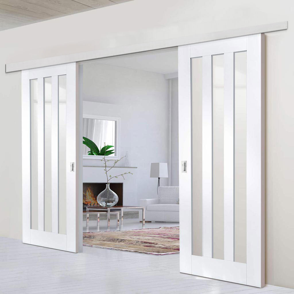Premium Double Sliding Door & Wall Track - Utah 3 Pane Door - Clear Glass - White Primed
