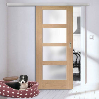 Image: Premium Single Sliding Door & Wall Track - Shaker Oak 4 Pane Door - Obscure Glass - Prefinished