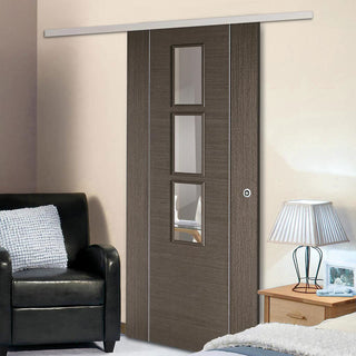 Image: Premium Single Sliding Door & Wall Track - Alcaraz Chocolate Grey Door - Clear Glass - Prefinished