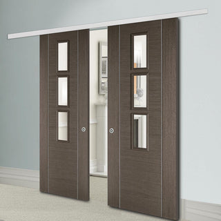 Image: Premium Double Sliding Door & Wall Track - Alcaraz Chocolate Grey Door - Clear Glass - Prefinished