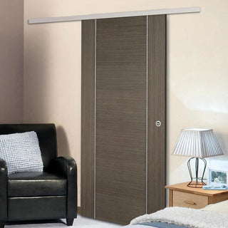 Image: Premium Single Sliding Door & Wall Track - Alcaraz Chocolate Grey Door - Prefinished