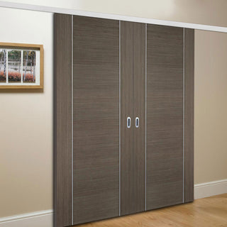 Image: Premium Double Sliding Door & Wall Track - Alcaraz Chocolate Grey Door - Prefinished