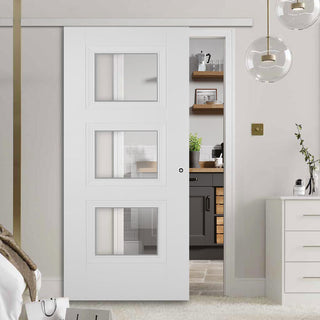 Image: Premium Single Sliding Door & Wall Track - Amsterdam 3 Panel Door - Clear Glass - White Primed