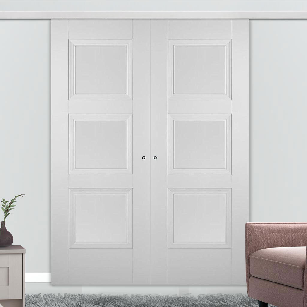 Premium Double Sliding Door & Wall Track - Amsterdam 3 Panel Door - White Primed