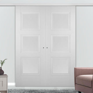 Image: Premium Double Sliding Door & Wall Track - Amsterdam 3 Panel Door - White Primed