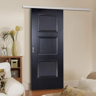 Image: Premium Single Sliding Door & Wall Track - Amsterdam 3 Panel Black Primed Door