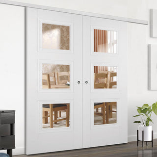 Image: Premium Double Sliding Door & Wall Track - Amsterdam 3 Panel Door - Clear Glass - White Primed