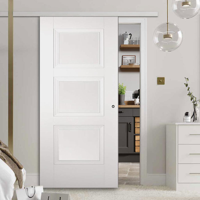 Premium Single Sliding Door & Wall Track - Amsterdam 3 Panel Door - White Primed