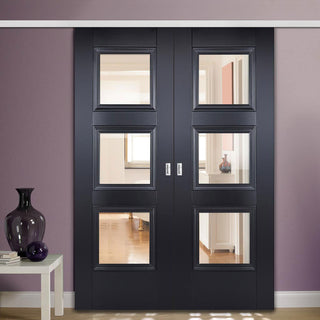 Image: Premium Double Sliding Door & Wall Track - Amsterdam Black Primed Door - Clear Glass - Unfinished