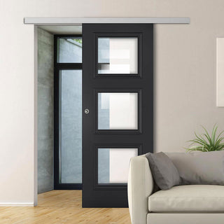Image: Premium Single Sliding Door & Wall Track - Antwerp 3 Pane Black Primed Door - Clear Glass