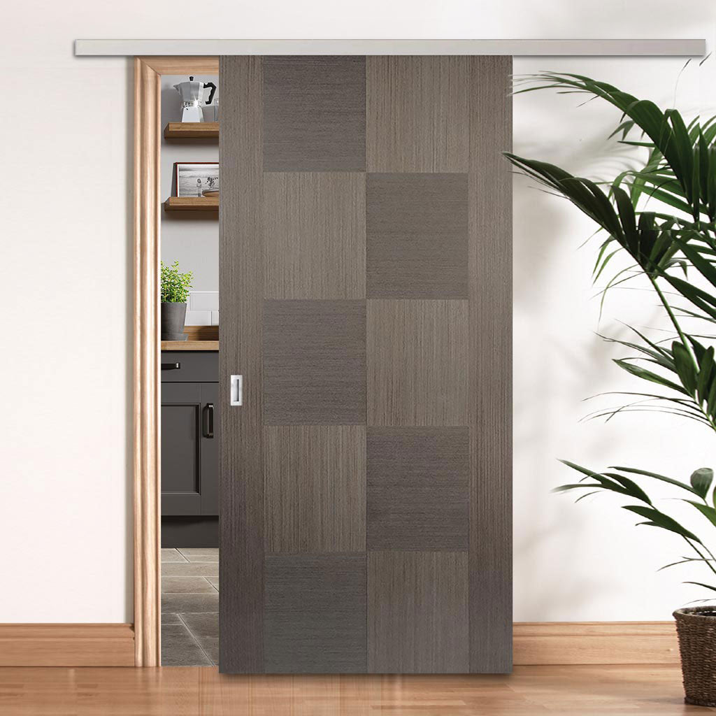 Premium Single Sliding Door & Wall Track - Apollo Flush Chocolate Grey Door - Prefinished