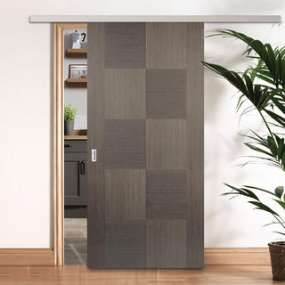 Image: Premium Single Sliding Door & Wall Track - Apollo Flush Chocolate Grey Door - Prefinished