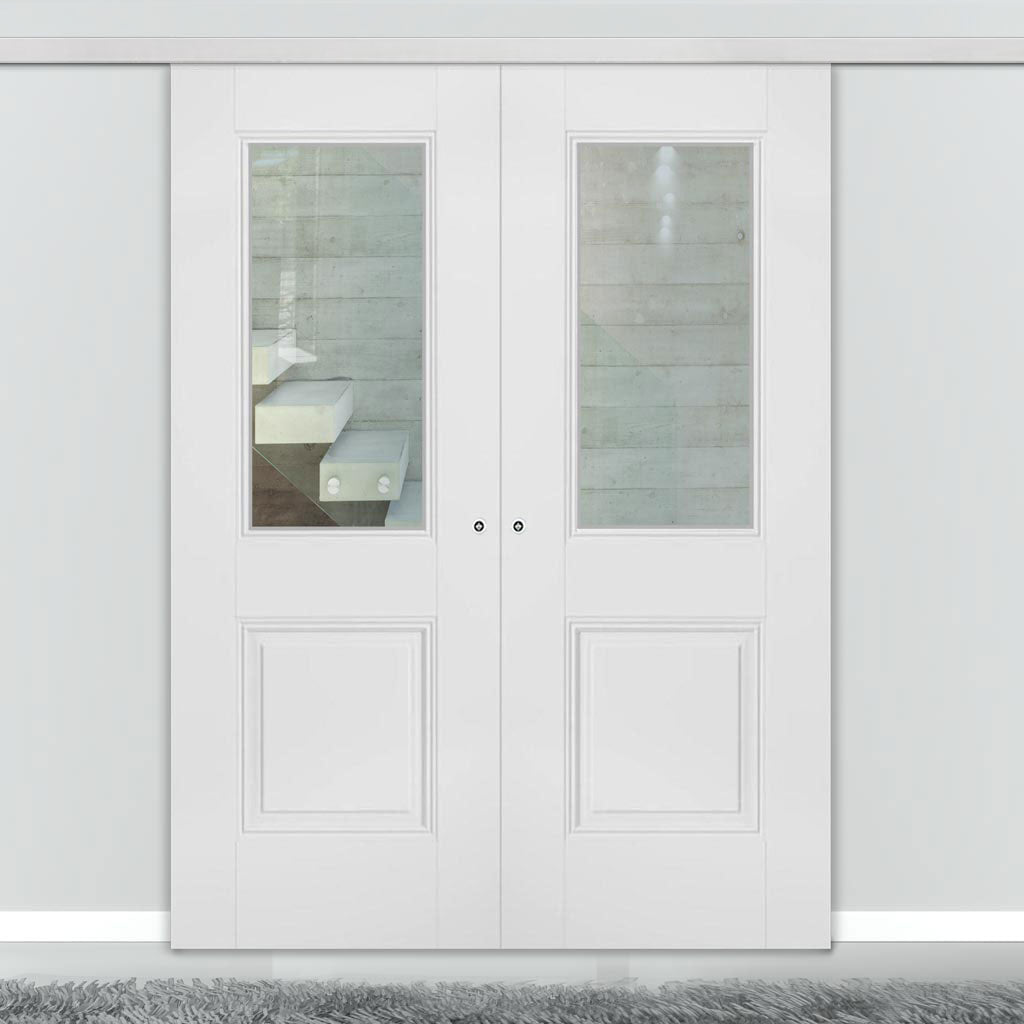 Premium Double Sliding Door & Wall Track - Arnhem 1 Pane 1 Panel Door - Clear Glass - White Primed