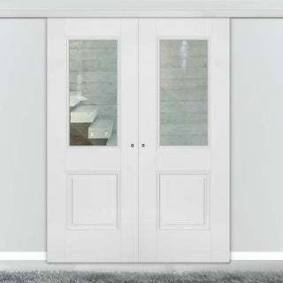 Image: Premium Double Sliding Door & Wall Track - Arnhem 1 Pane 1 Panel Door - Clear Glass - White Primed
