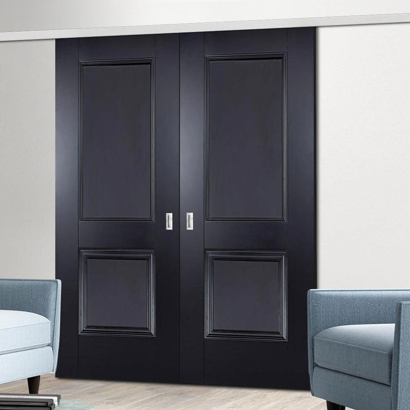 Premium Double Sliding Door & Wall Track - Arnhem 2 Panel Black Primed Door - Unfinished