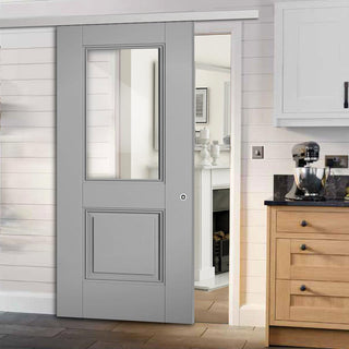 Image: Premium Single Sliding Door & Wall Track - Arnhem Grey Primed Door - Clear Glass - Unfinished