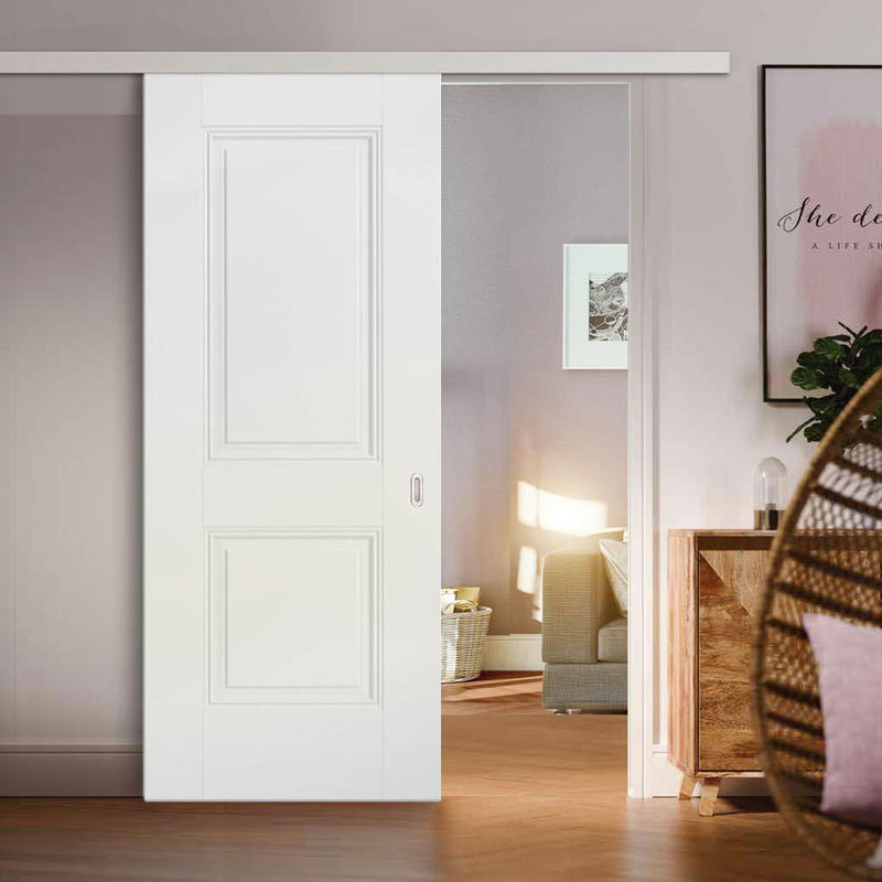 Premium Single Sliding Door & Wall Track - Arnhem 2 Panel Door - White Primed