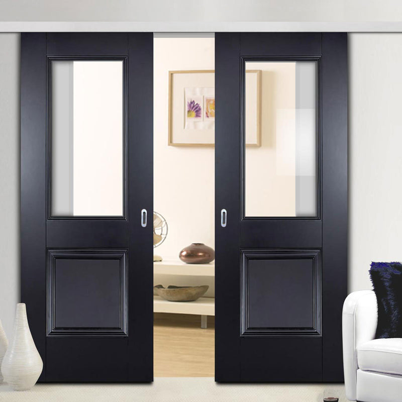 Premium Double Sliding Door & Wall Track - Arnhem Black Primed Door - Clear Glass - Unfinished