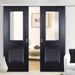 Image: Premium Double Sliding Door & Wall Track - Arnhem Black Primed Door - Clear Glass - Unfinished