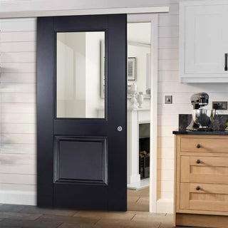 Image: Premium Single Sliding Door & Wall Track - Arnhem Black Primed Door - Clear Glass