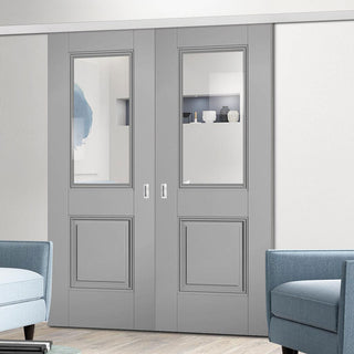 Image: Premium Double Sliding Door & Wall Track - Arnhem Grey Primed Door - Clear Glass - Unfinished