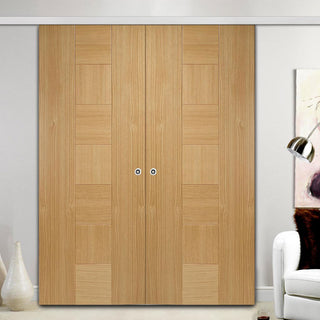 Image: Premium Double Sliding Door & Wall Track - Catalonia Flush Oak Door - Prefinished