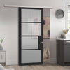 Premium Single Sliding Door & Wall Track - Chelsea 4 Pane Black Primed Door - Reeded Glass