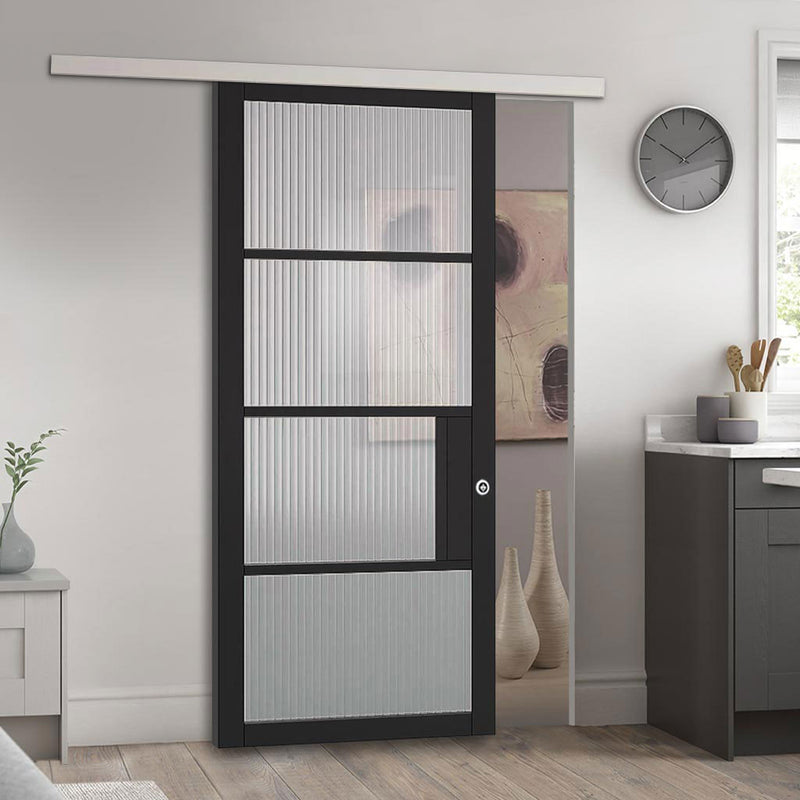 Premium Single Sliding Door & Wall Track - Chelsea 4 Pane Black Primed Door - Reeded Glass