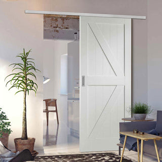 Image: Premium Single Sliding Door & Wall Track - Cottage Frame Ledge and Braced Door - White Primed