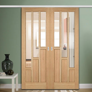 Image: Premium Double Sliding Door & Wall Track - Coventry Contemporary Oak Door - Clear Glass - Unfinished