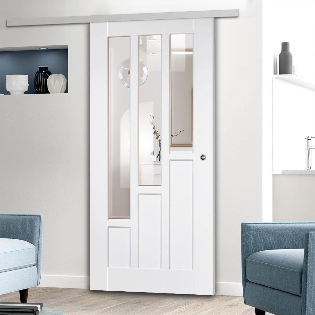 Premium Single Sliding Door & Wall Track - Coventry Door - Clear Glass - White Primed