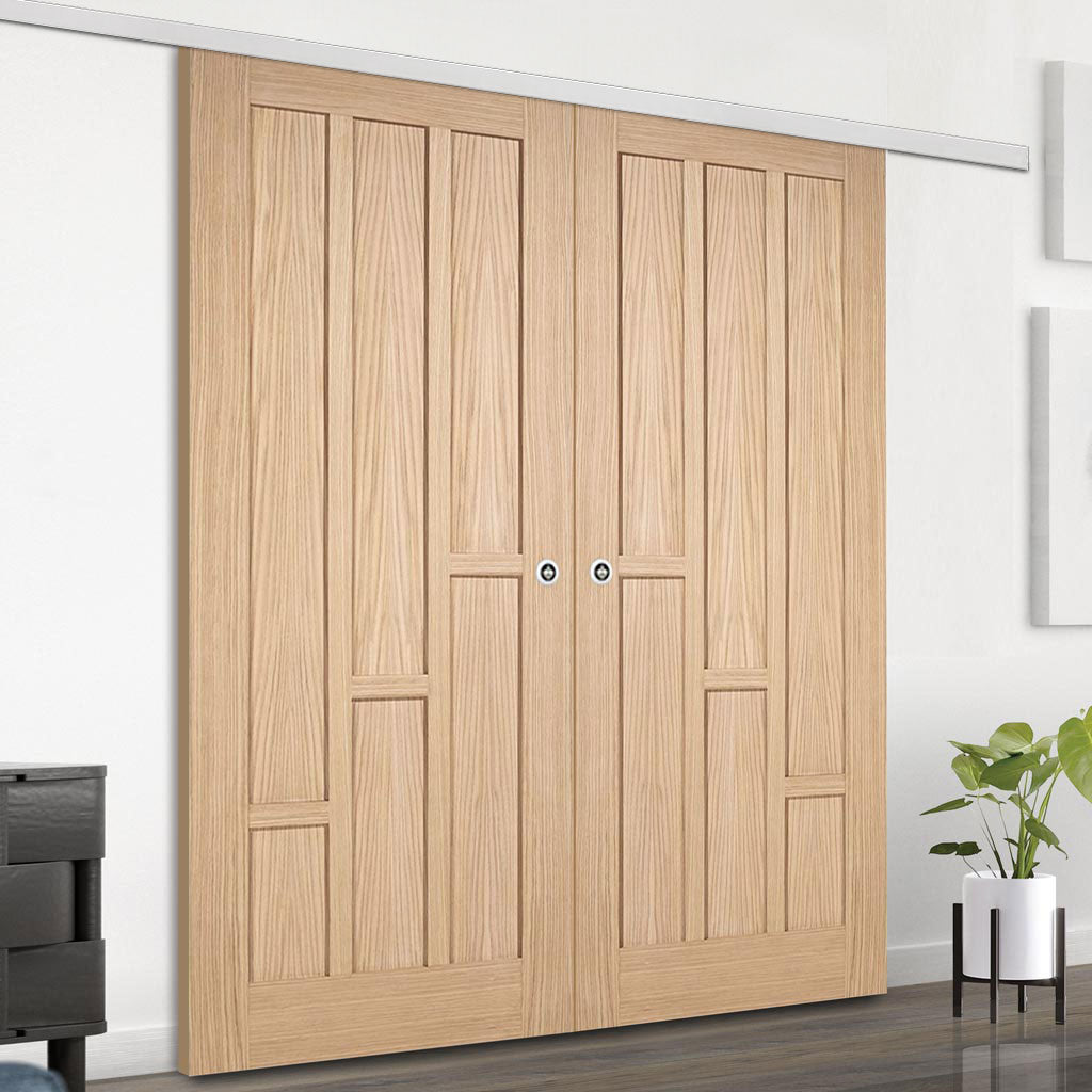 Premium Double Sliding Door & Wall Track - Coventry Contemporary Oak Panel Door - Unfinished