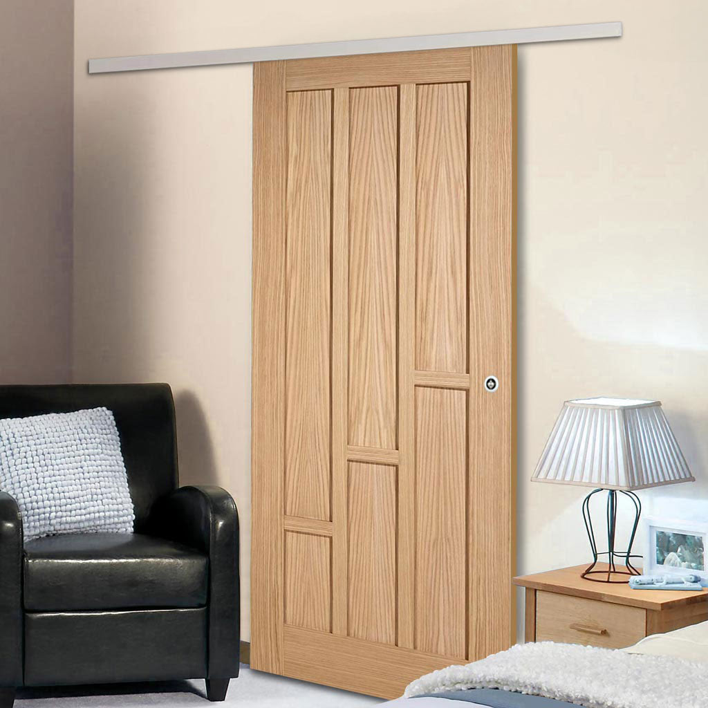 Premium Single Sliding Door & Wall Track - Coventry Contemporary Oak Panel Door - Unfinished