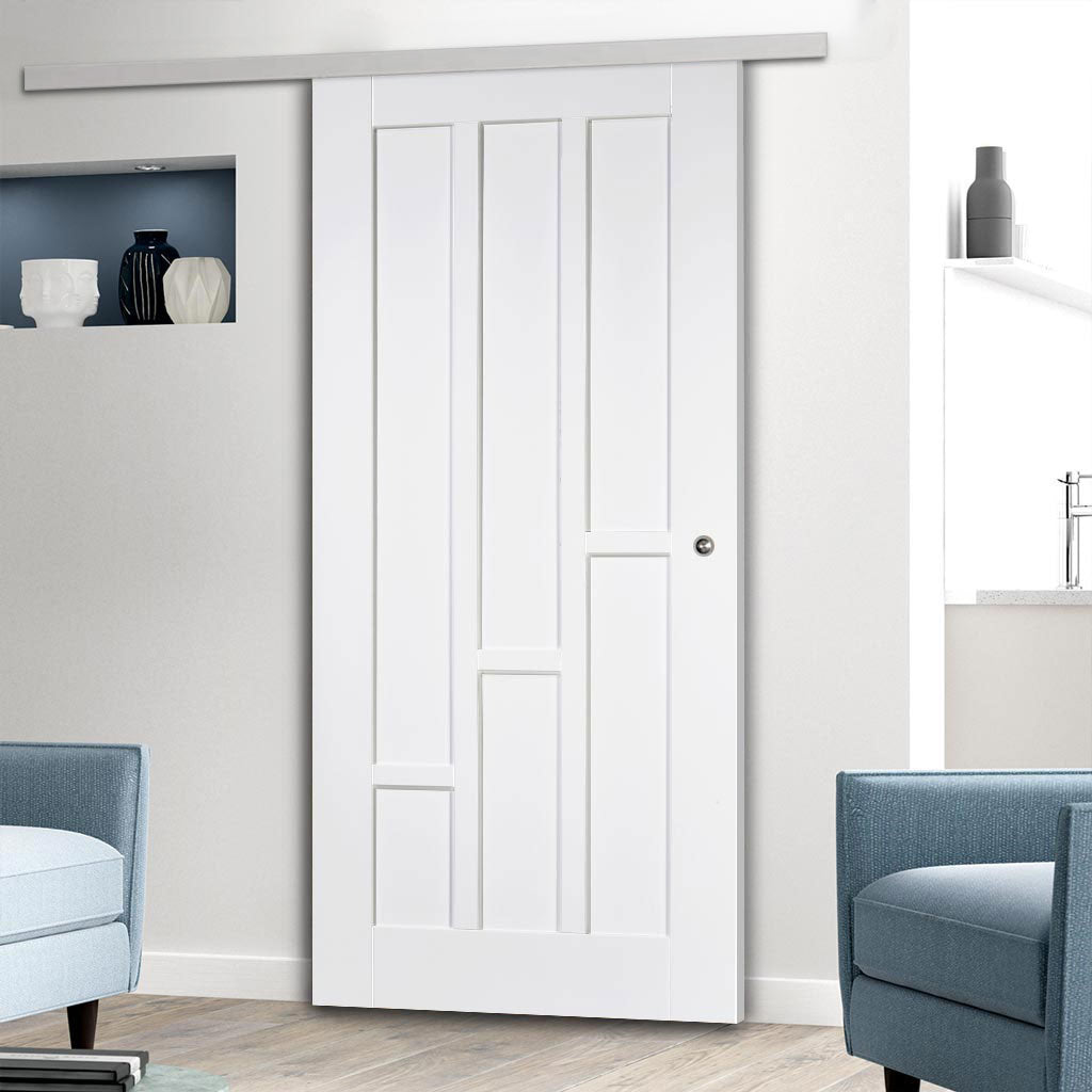 Premium Single Sliding Door & Wall Track - Coventry Panel Door - White Primed