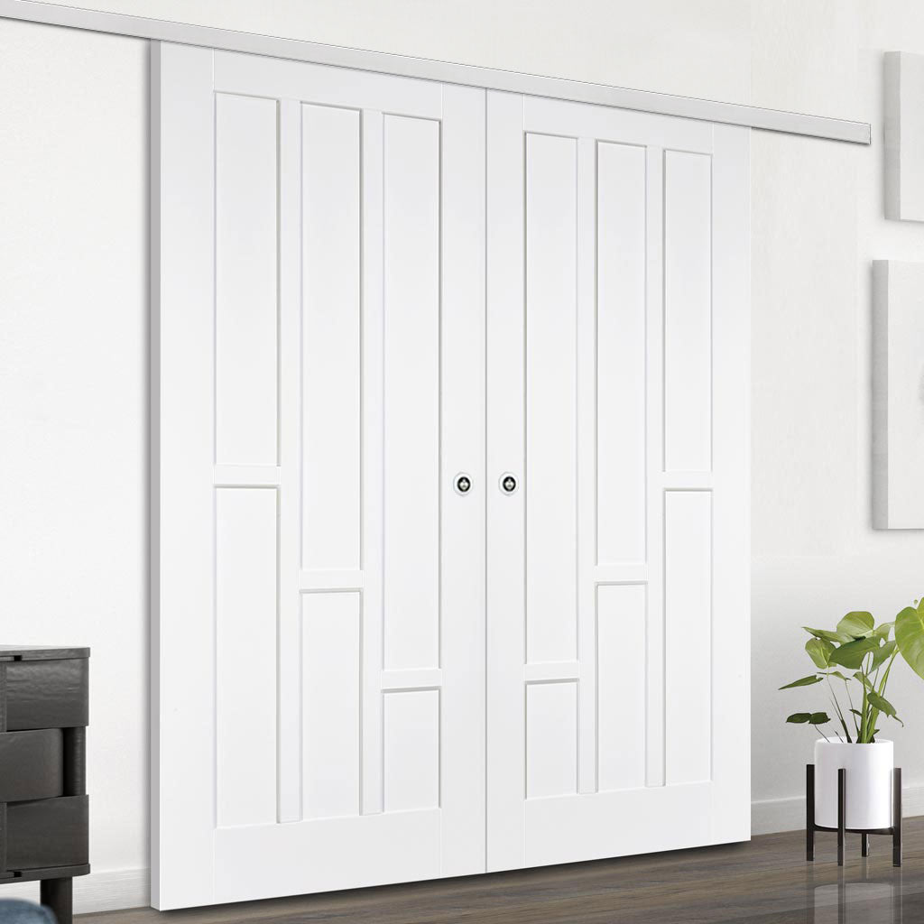 Premium Double Sliding Door & Wall Track - Coventry Panel Door - White Primed