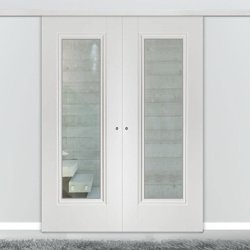 Premium Double Sliding Door & Wall Track - Eindhoven  1 Pane Door - Clear Glass - White Primed