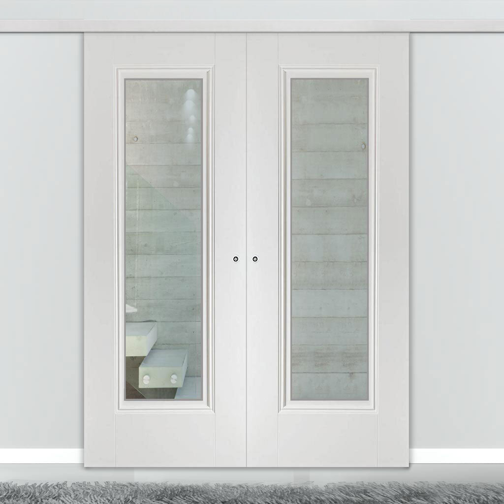 Premium Double Sliding Door & Wall Track - Eindhoven  1 Pane Door - Clear Glass - White Primed