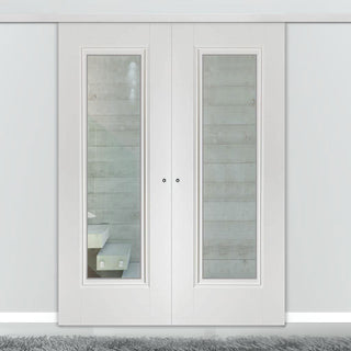 Image: Premium Double Sliding Door & Wall Track - Eindhoven  1 Pane Door - Clear Glass - White Primed