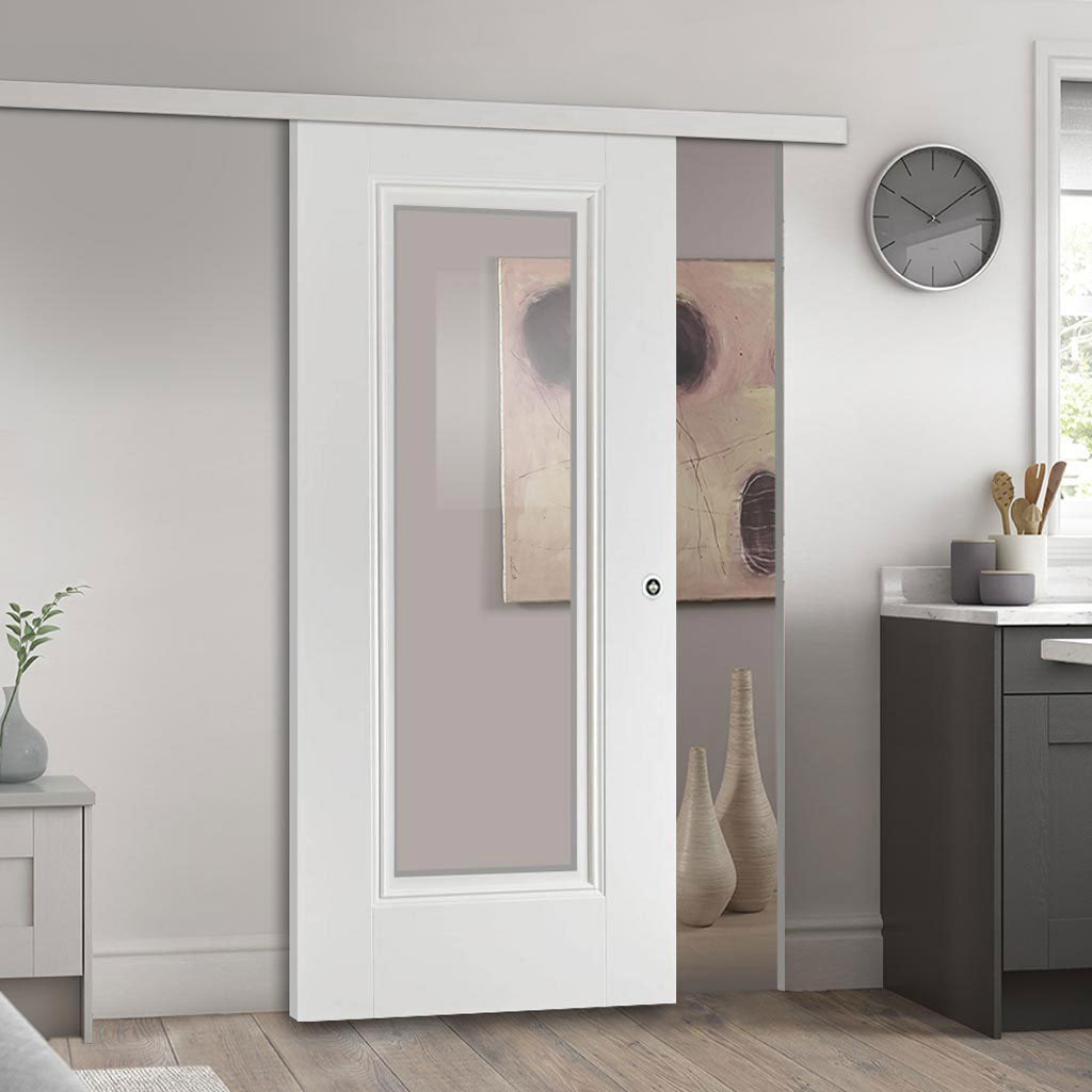 Premium Single Sliding Door & Wall Track - Eindhoven  1 Pane Door - Clear Glass - White Primed